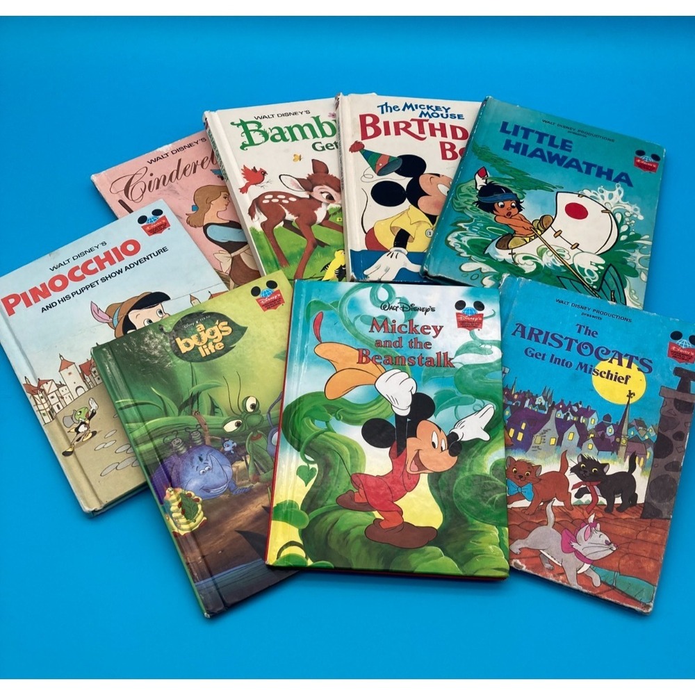 Lot of 8 Vintage Disney Books Mickey Mouse Aristocats Pinocchio Bambi Cinderella
